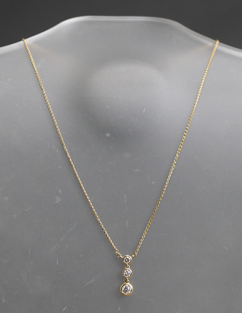 Appraisal: -Karat Yellow-Gold Necklace with Three Graduated Diamond Pendant Largest diamond