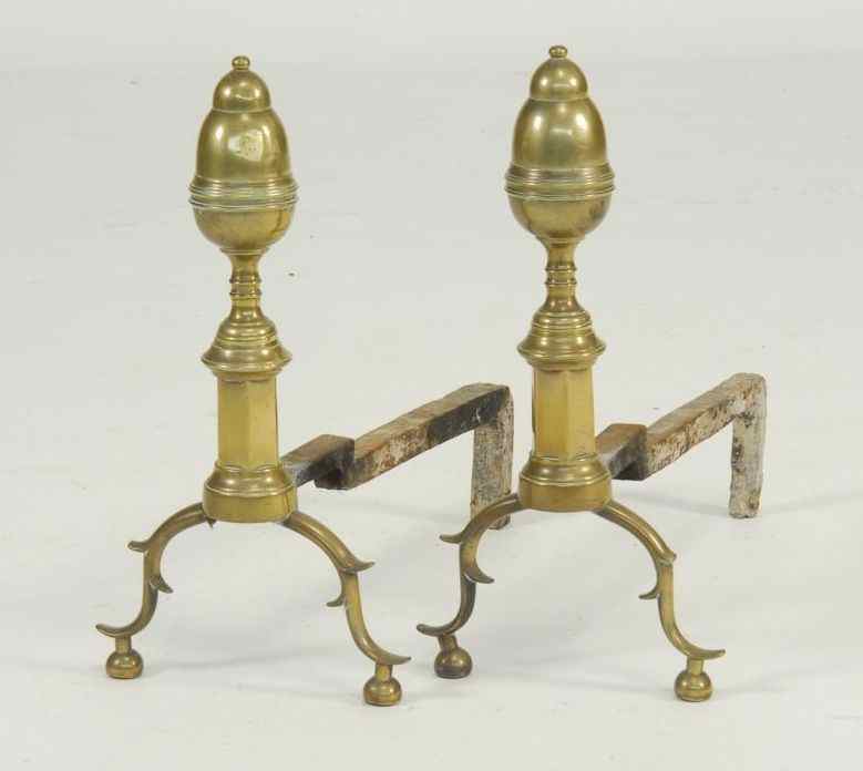 Appraisal: PAIR OF ANTIQUE AMERICAN BRASS ACORN-TOP ANDIRONSCirca Height Depth ''