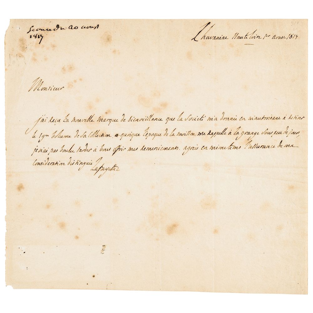 Appraisal: General MARQUIS DE LAFAYETTE Autograph Letter Signed Autographs General Marquis