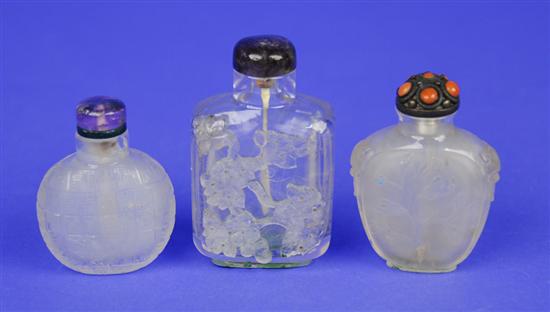 Appraisal: COLLECTION OF THREE CHINESE CARVED ROCK CRYSTAL SNUFF BOTTLES Condition