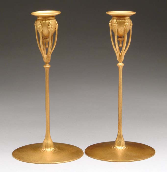 Appraisal: PAIR OF TIFFANY STUDIOS BRONZE CANDLESTICKS Nice pair of highly