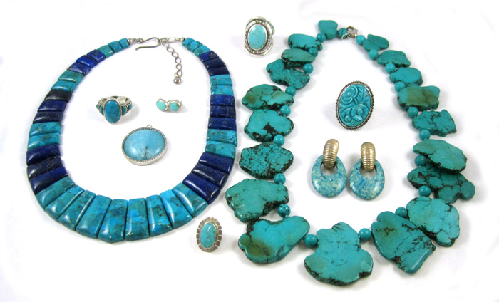 Appraisal: NINE ARTICLES OF TURQUOISE JEWELRY in sterling silver and metal