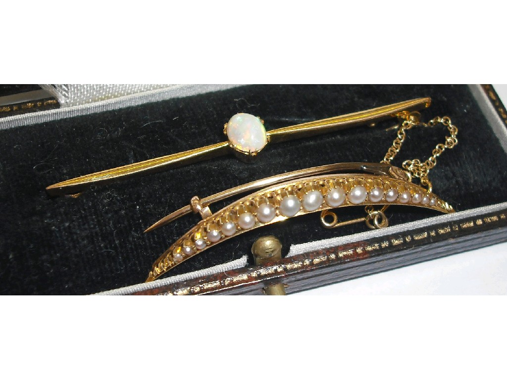 Appraisal: ct opal set bar brooch cased gold pearl set crescent