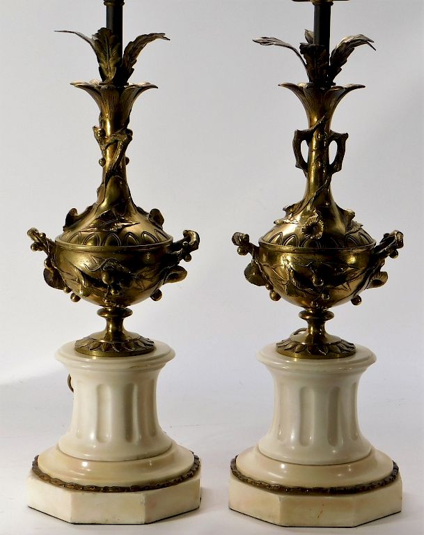 Appraisal: PR French Neoclassical Bronze Marble Urn Lamps French Early th