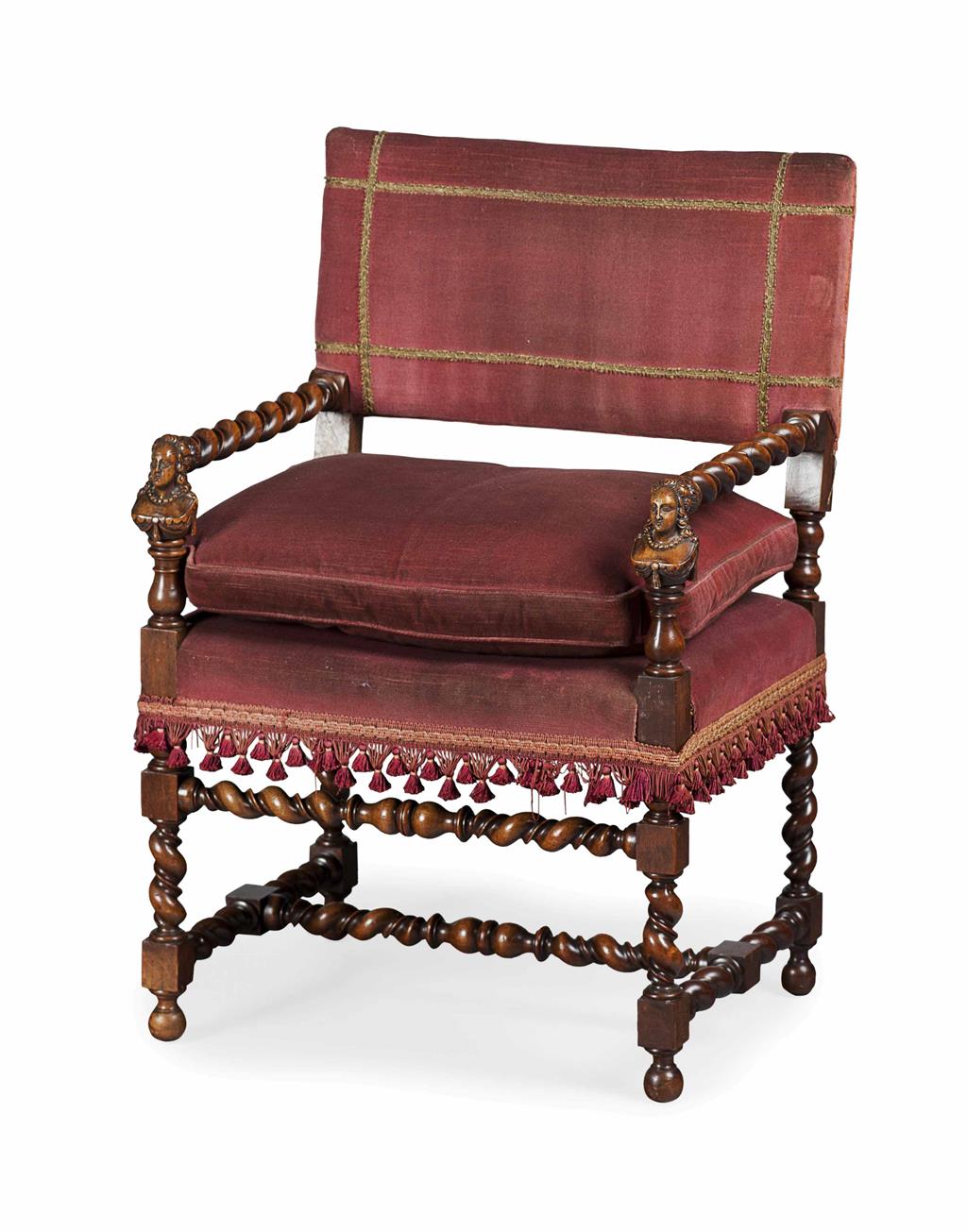 Appraisal: FLEMISH STYLE WALNUT UPHOLSTERED ARMCHAIR TH CENTURY the square padded