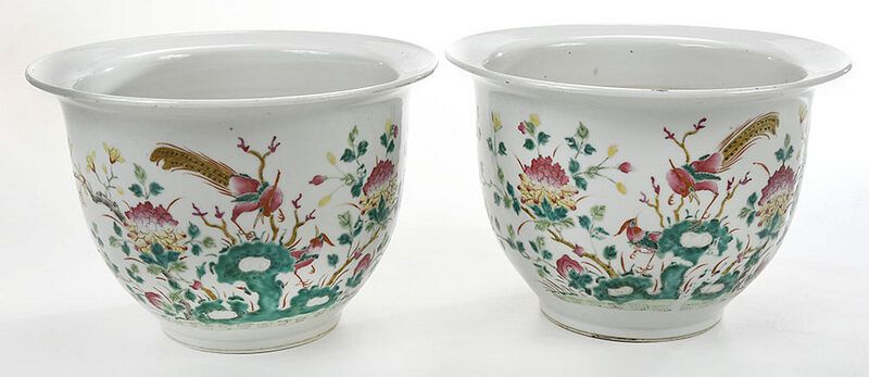 Appraisal: Pair of Chinese Porcelain Cachepots th century decorated with chrysanthemums