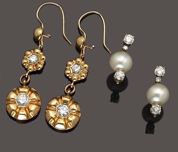 Appraisal: Two pairs of diamond cultured pearl and k bicolor gold