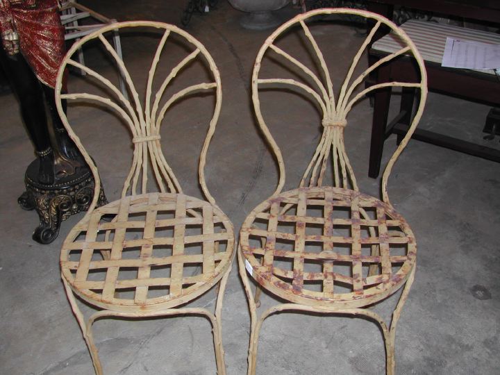 Appraisal: Pair of Rustic Polychromed Wrought-Iron Twig Garden Chairs the arched