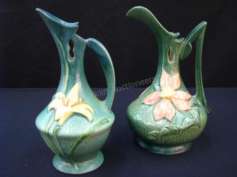 Appraisal: Two Roseville Art Pottery Ewers including green Clematis with green