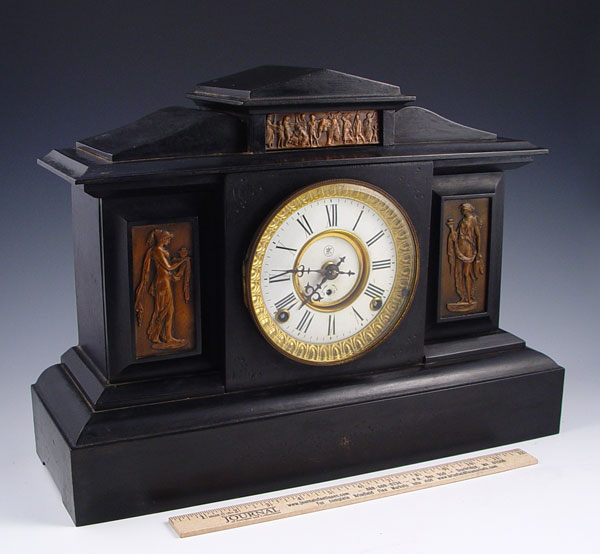 Appraisal: F KROEBER GREEK REVIVAL IRON MANTLE CLOCK Circa 's heavy