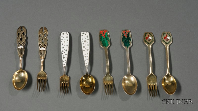 Appraisal: Four Danish Gold-washed Sterling and Enamel Decorated Christmas Fork and