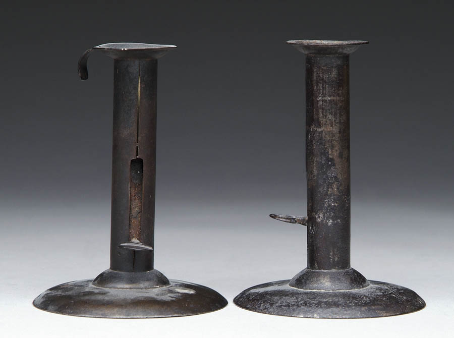 Appraisal: PAIR OF FINE STEEL HOG SCRAPER PUSH UP CANDLESTICKS Round