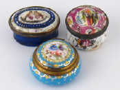 Appraisal: Three early th c enamel boxes one with lovebirds one