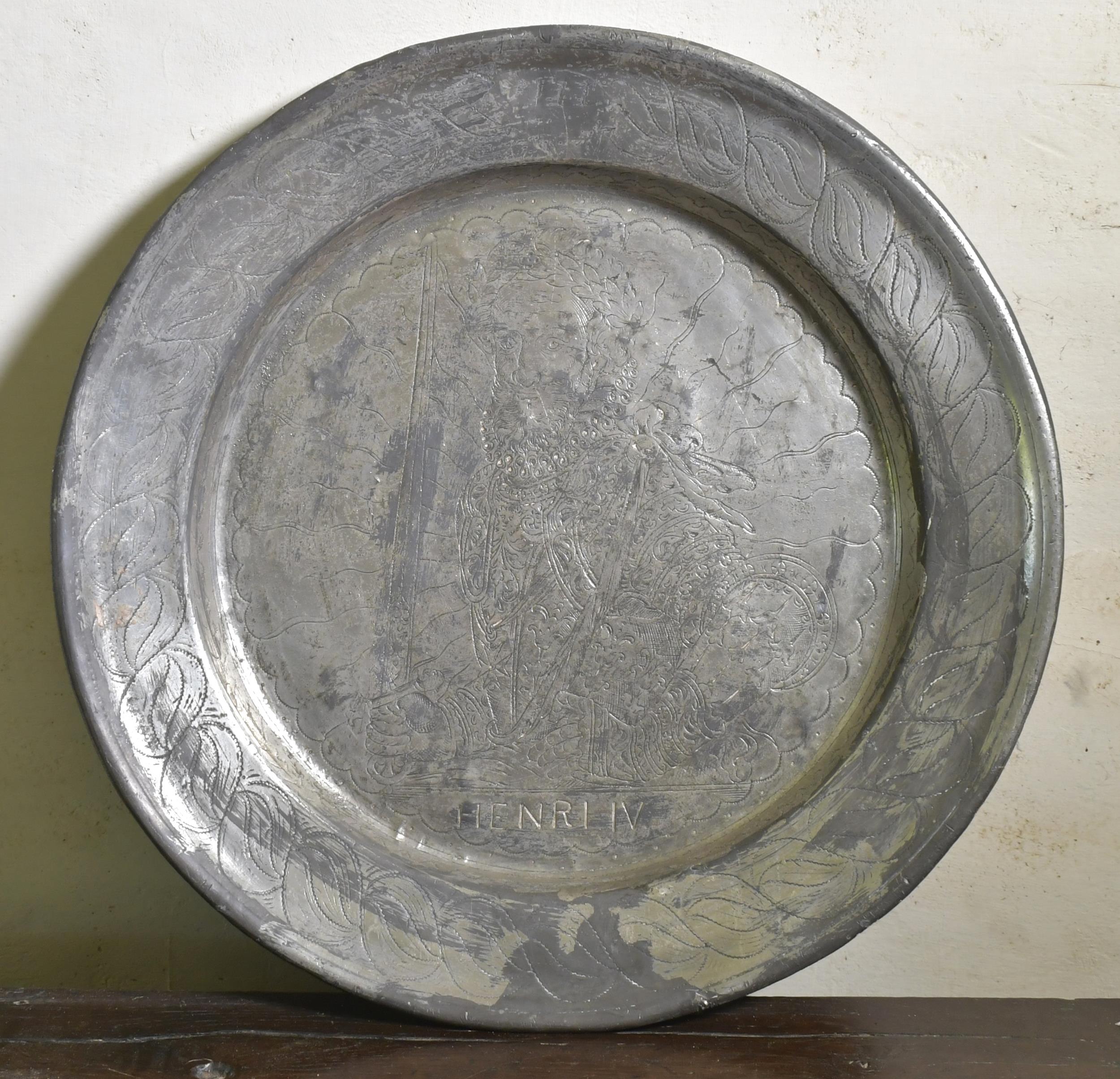 Appraisal: EARLY PEWTER CHARGER HENRY IV Pewter charger with engraved portrait