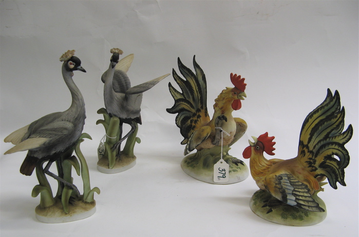 Appraisal: FOUR LEFTON HAND PAINTED BISQUE FIGURAL BIRDS pair of fighting