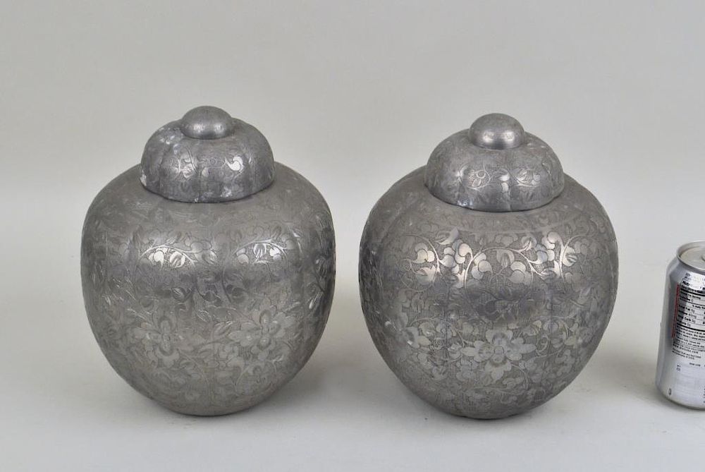 Appraisal: Pair Chinese Incised Pewter Lidded Tea Canisters in melon form