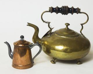 Appraisal: Teapots Pcs Brass Footed Miniature Copper with Pewter Handle Spout