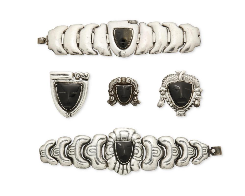 Appraisal: A group of Matl silver onyx and obsidian jewelry -