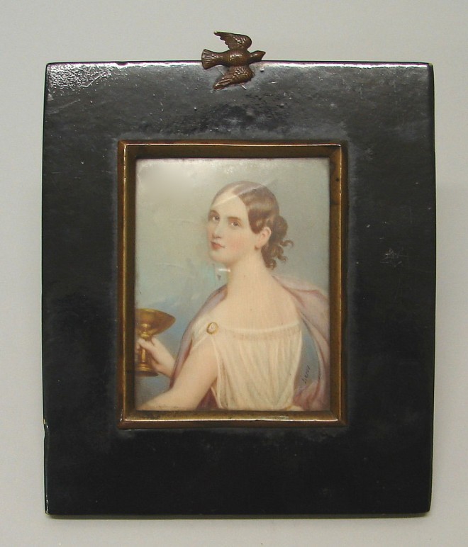 Appraisal: Miniature portrait on ivory features classical woman with chalice x