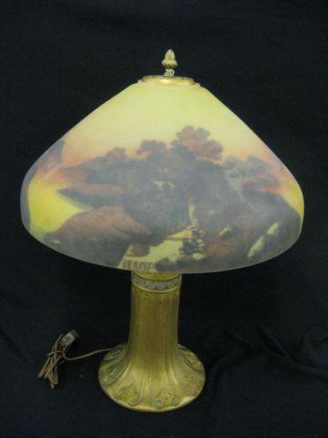 Appraisal: Antique Reverse Painted Table Lamp shade with autumn mill scene