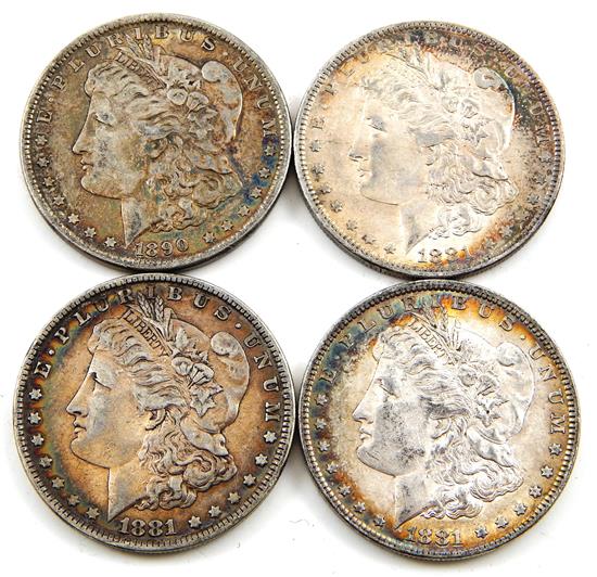 Appraisal: COINS Lot of four common date Morgan Dollars grades average