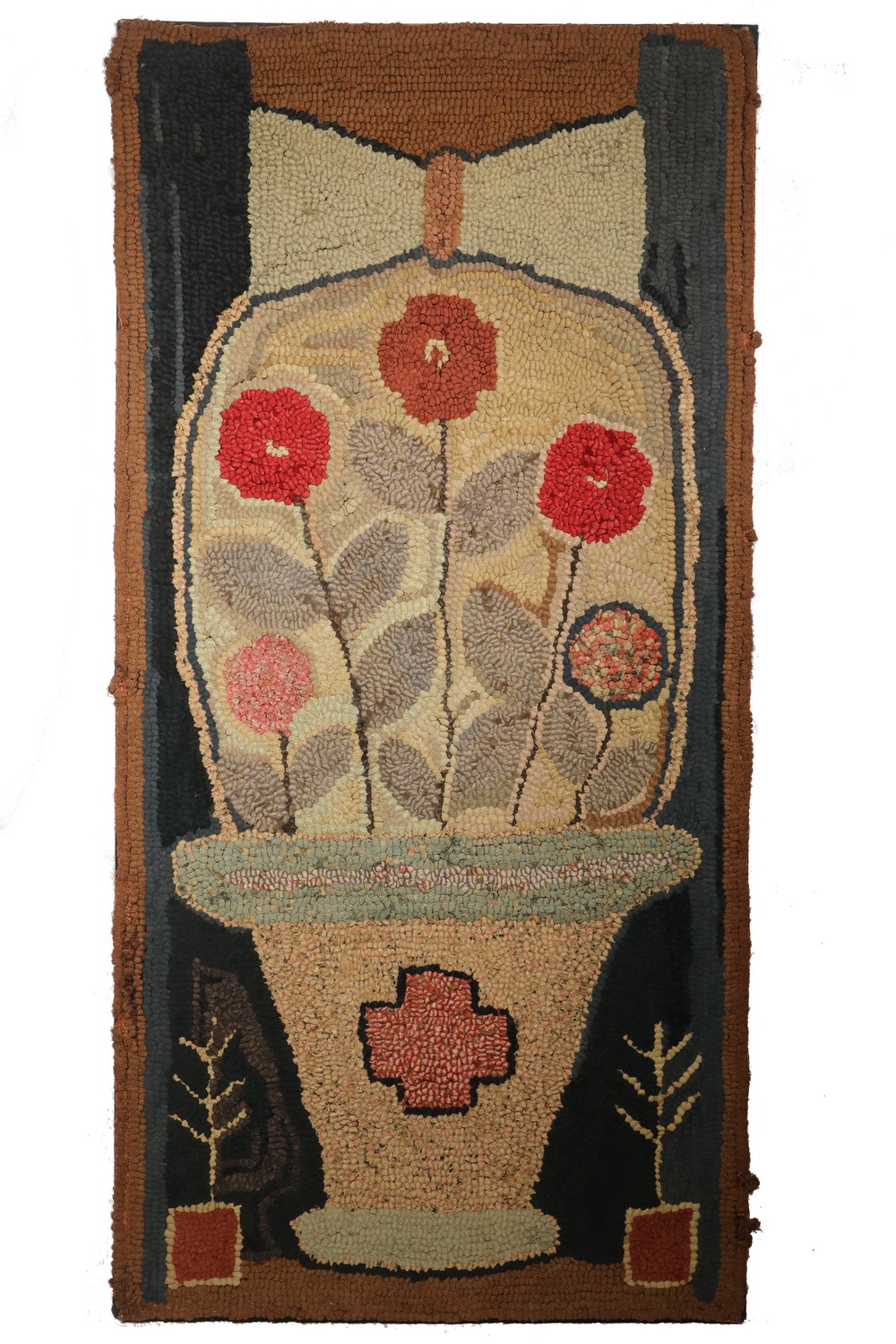 Appraisal: HOOKED RUG WITH FLOWER POT Free Hand Hooked Rug mounted