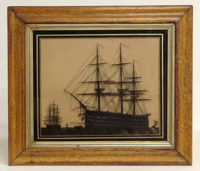 Appraisal: C 's reverse painting ship in birdseye frame Titled ''H