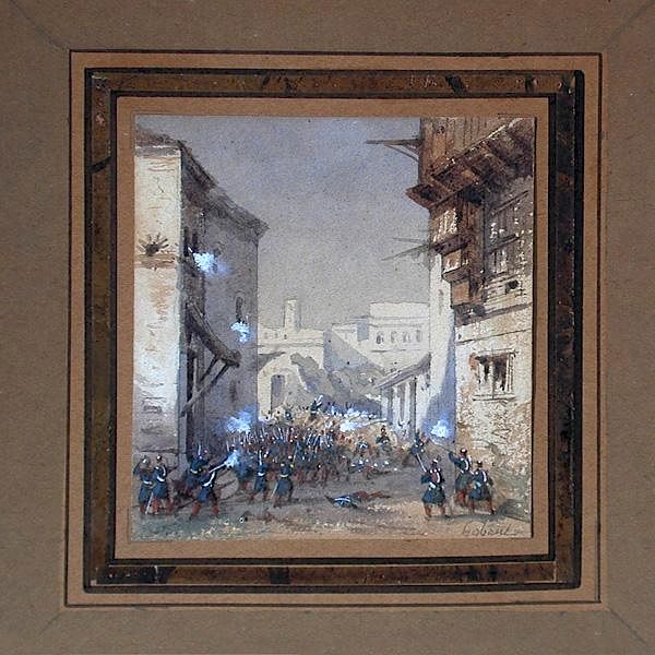 Appraisal: Gaspard Gobaut Watercolor Of Battle th C Gaspard Gobaut Street