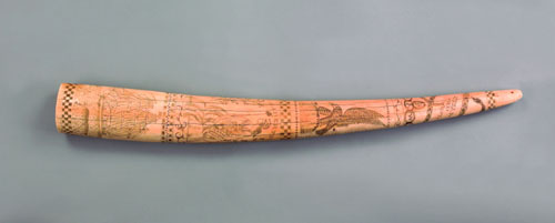 Appraisal: American walrus tusk th c with later scrimshaw decoration of