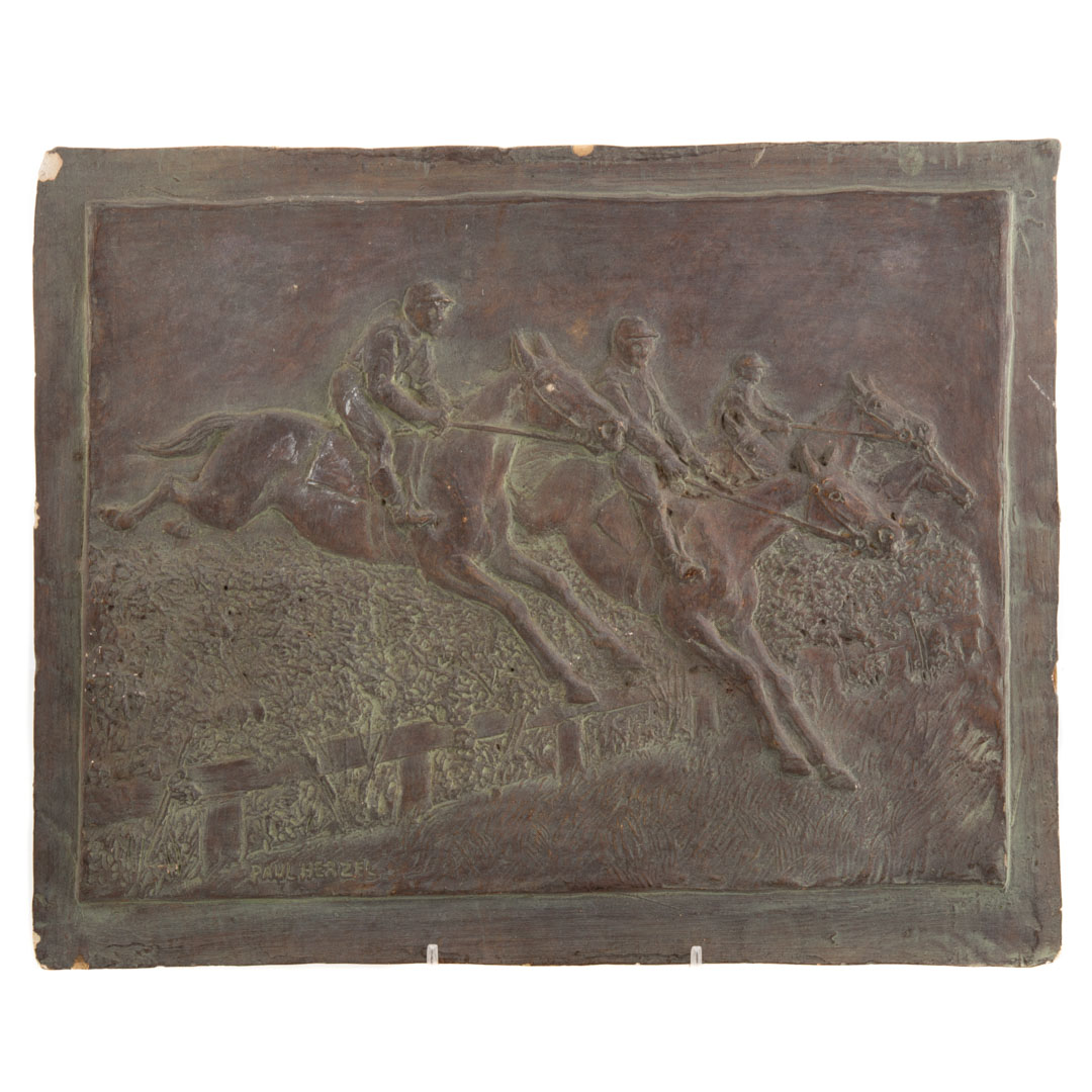 Appraisal: Plaster bas relief equestrian plaque with copper patina signed Paul