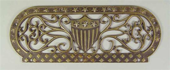 Appraisal: Brass Shield Scrollwork Stove Plate Pierced cast brass stove plate