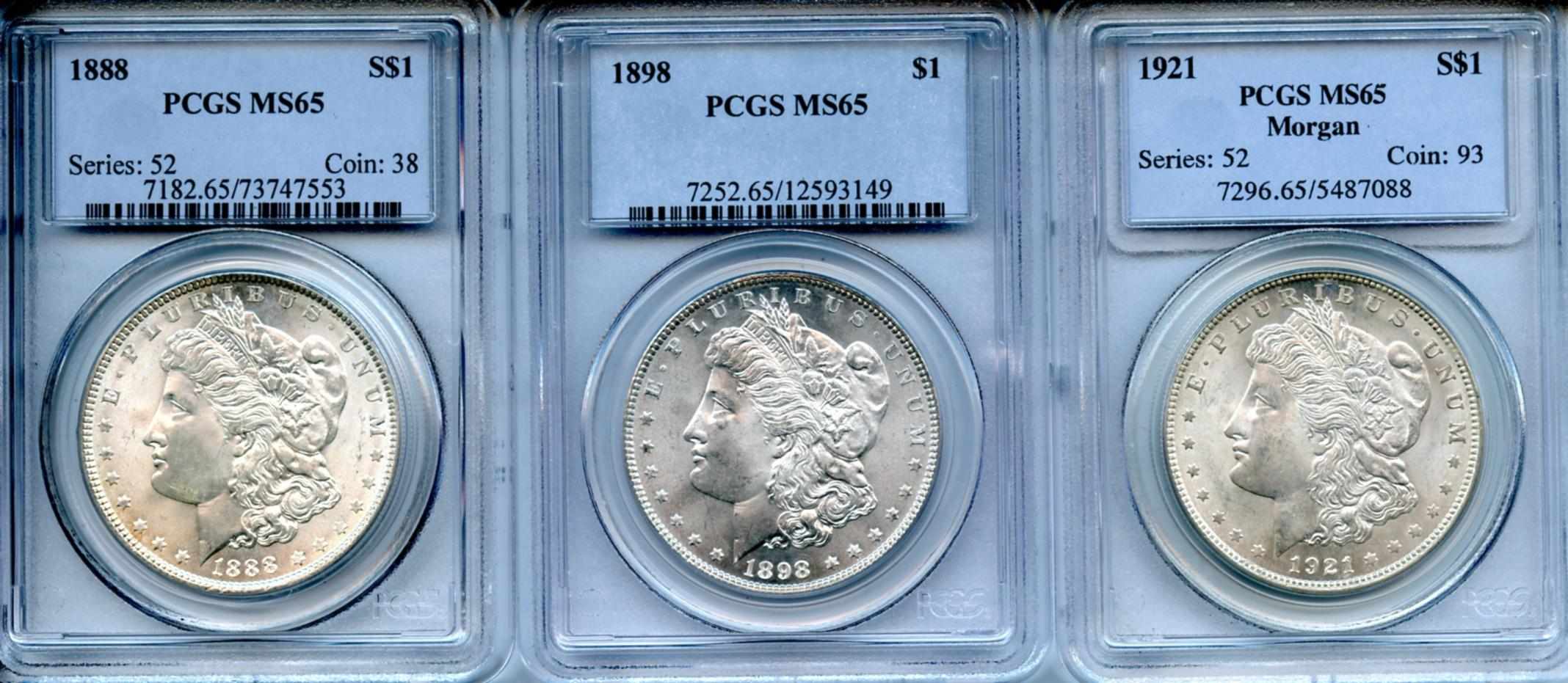 Appraisal: Trio of PCGS Gem Morgan Dollars Included are MS PCGS