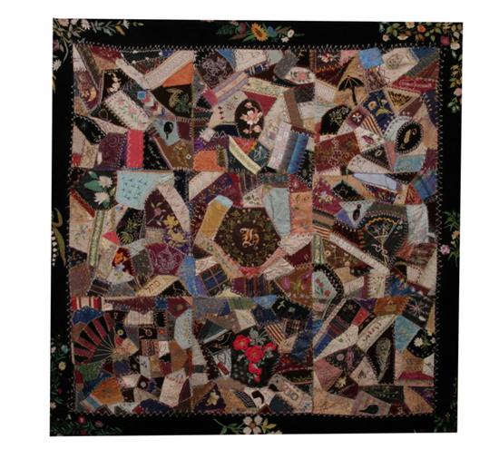 Appraisal: CRAZY QUILT Satin patch work with embroidery designs over black