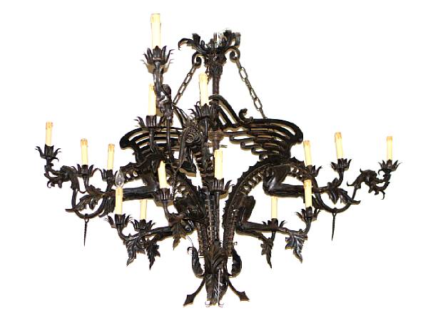 Appraisal: A patinated and wrought metal three branch chandelier the arms