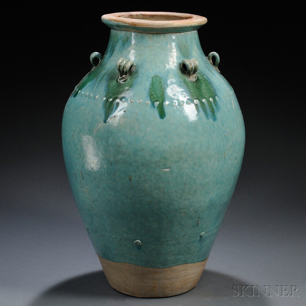 Appraisal: Turquoise Glazed Stoneware Pottery Jar China th century baluster form