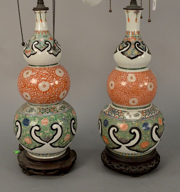 Appraisal: Pair of Chinese famille verte triple gourd porcelain vases having