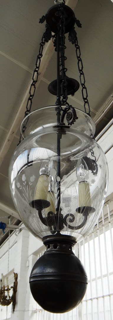 Appraisal: An etched glass and metal mounted hall lantern late th