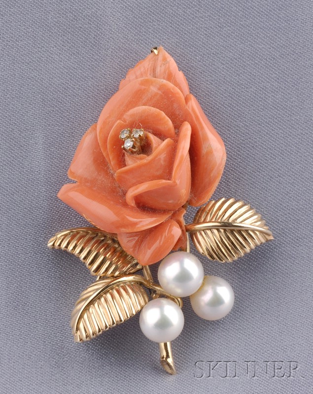 Appraisal: kt Gold and Carved Coral Rose Brooch Cartier with diamond