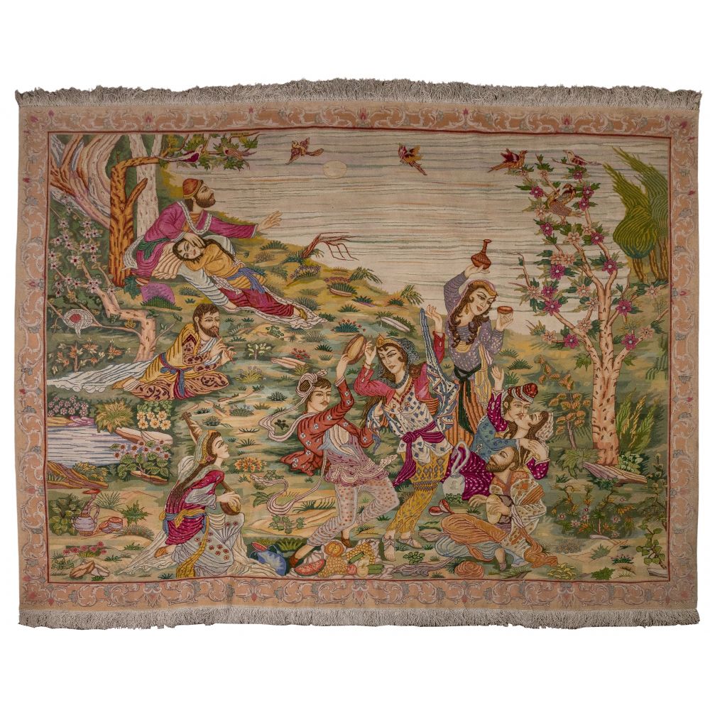 Appraisal: PERSIAN FIGURAL RUGMercerized cotton low pile showing a scene in