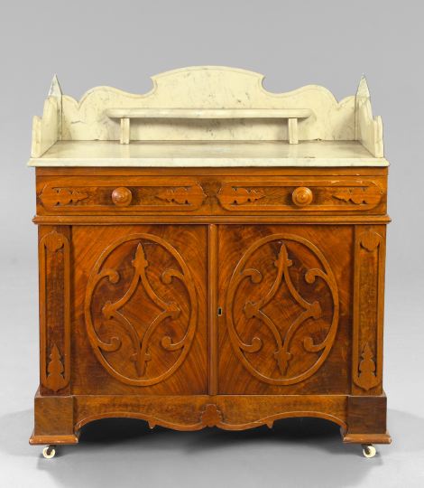 Appraisal: Rare American Gothic Revival Figured Walnut and Marble-Top Washstand mid-