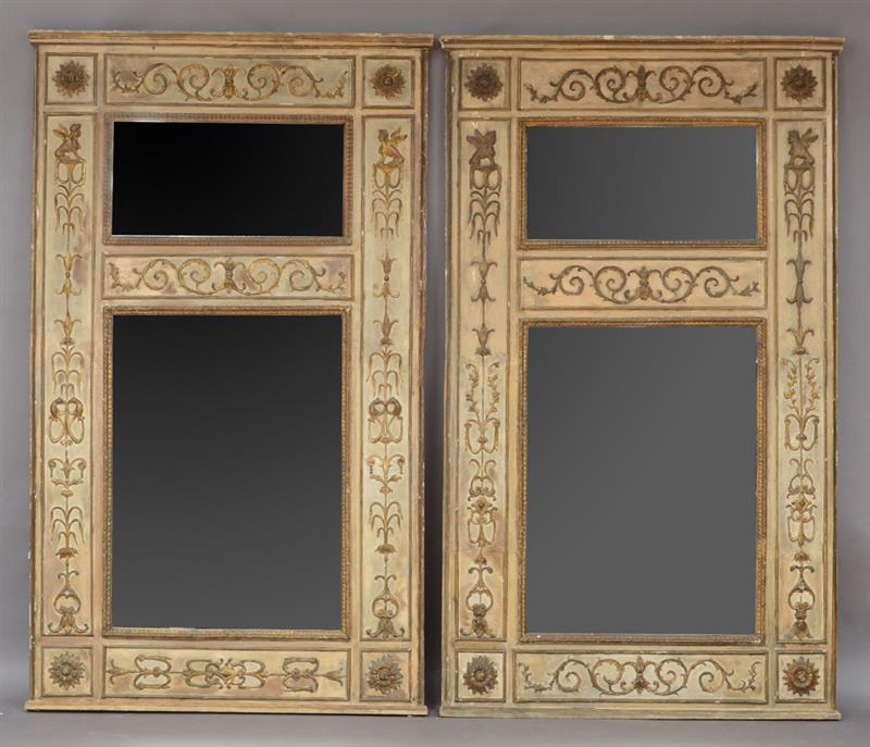 Appraisal: PAIR OF ITALIAN NEOCLASSICAL PAINTED AND PARCEL-GILT TRUMEAU MIRRORS Each