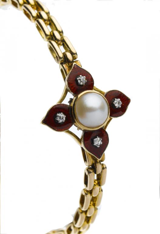 Appraisal: A DIAMOND CULTURED PEARL GOLD AND SCARLET GUILLOCHE ENAMEL BRACELET