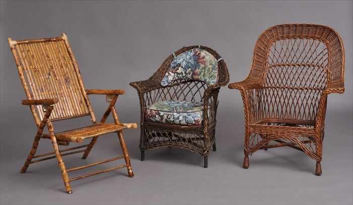 Appraisal: TWO WILLOW ARMCHAIRS Together with a folding bamboo armchair larger