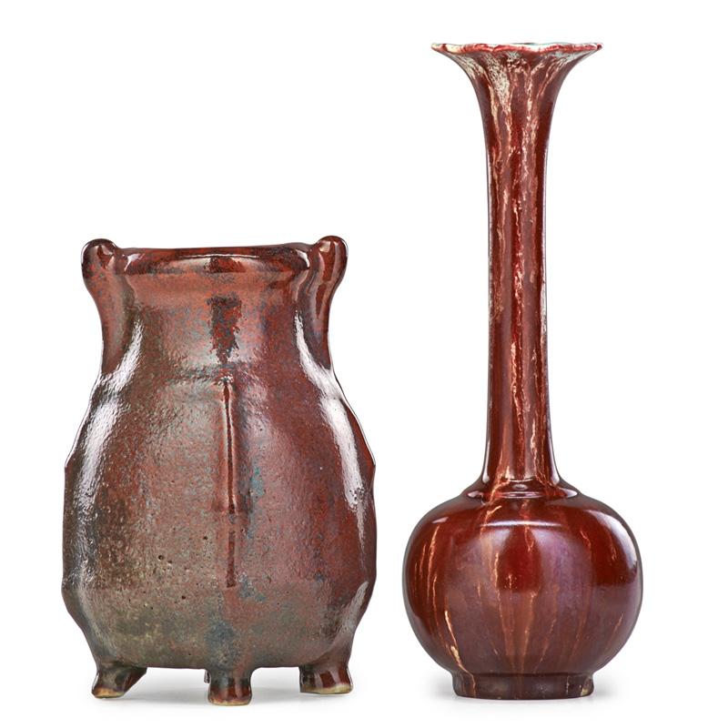 Appraisal: THEODORE DECK Two vases oxblood glaze Condition Report Unevenness to