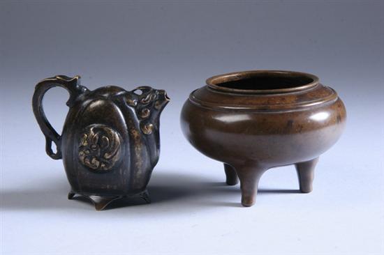 Appraisal: JAPANESE BRONZE WATER DROPPER AND CENSER th- th century Melon-shaped