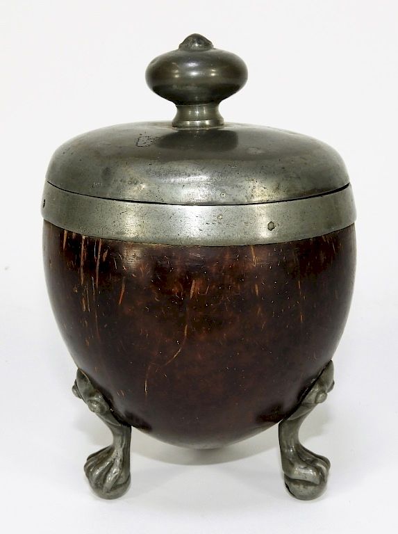 Appraisal: C English Pewter Mounted Coconut Tea Caddy England Early th