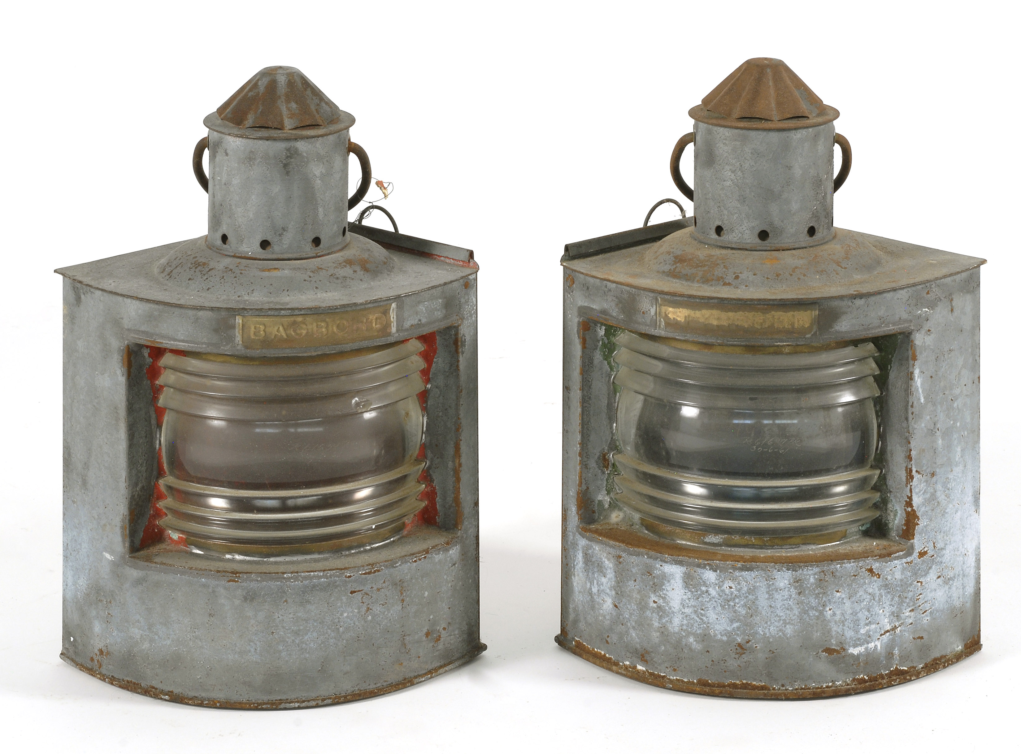 Appraisal: PAIR OF GALVANIZED STEEL BOAT LAMPS Danish th CenturyPort and