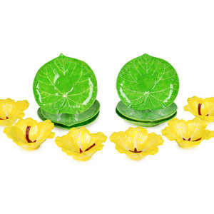 Appraisal: Six Dodie Thayer Yellow Hibiscus Bowls With Green Leaf-Form Undertrays