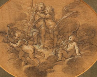 Appraisal: th Century School Putti in Clouds oval pencil and chalk