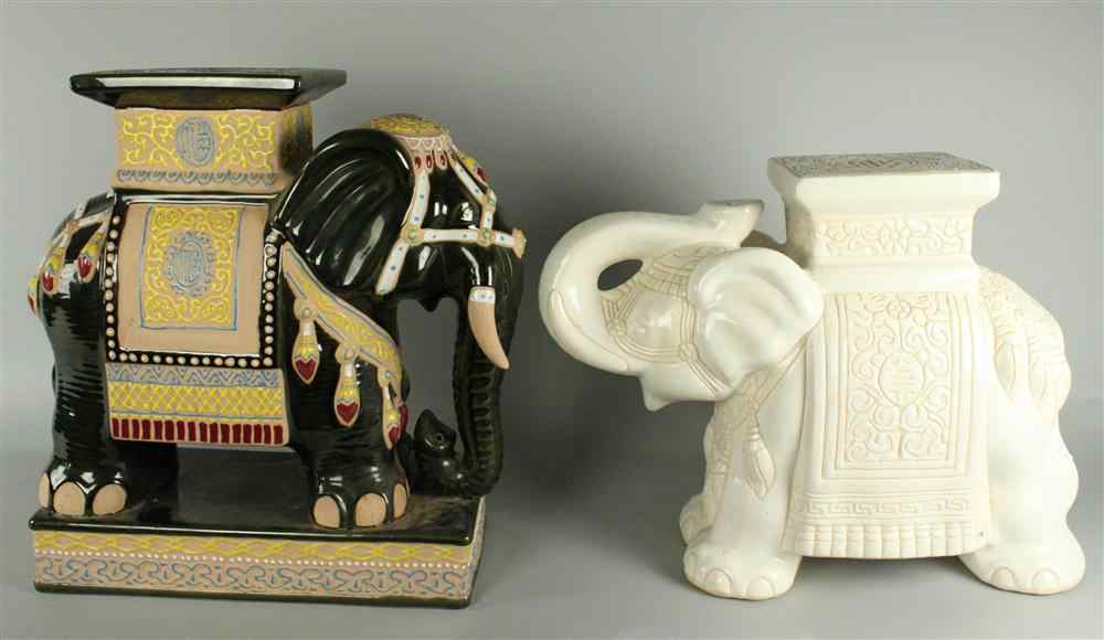 Appraisal: TWO CERAMIC STANDS SHAPED AS ELEPHANTS dressed for ceremonial parade